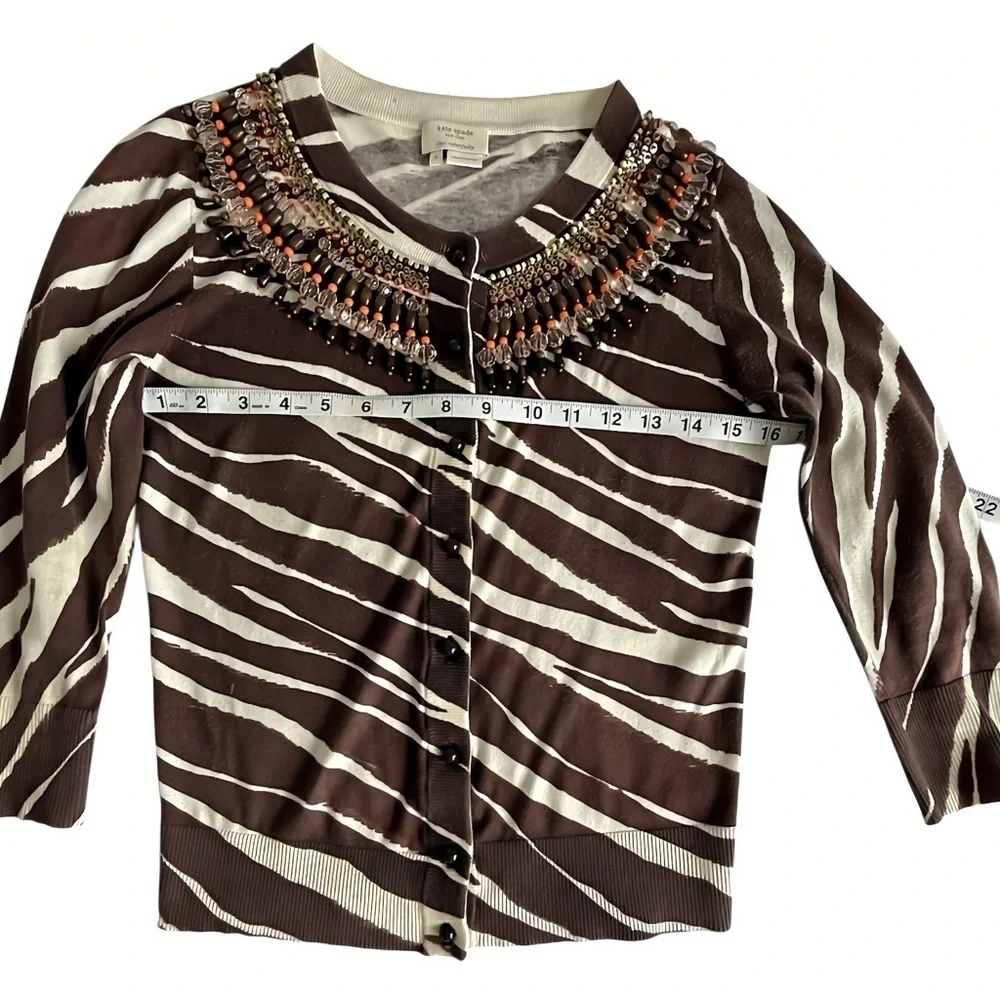 Kate Spade New York W’s Brown Zebra Print Cardigan Sweater S Beaded Embellished